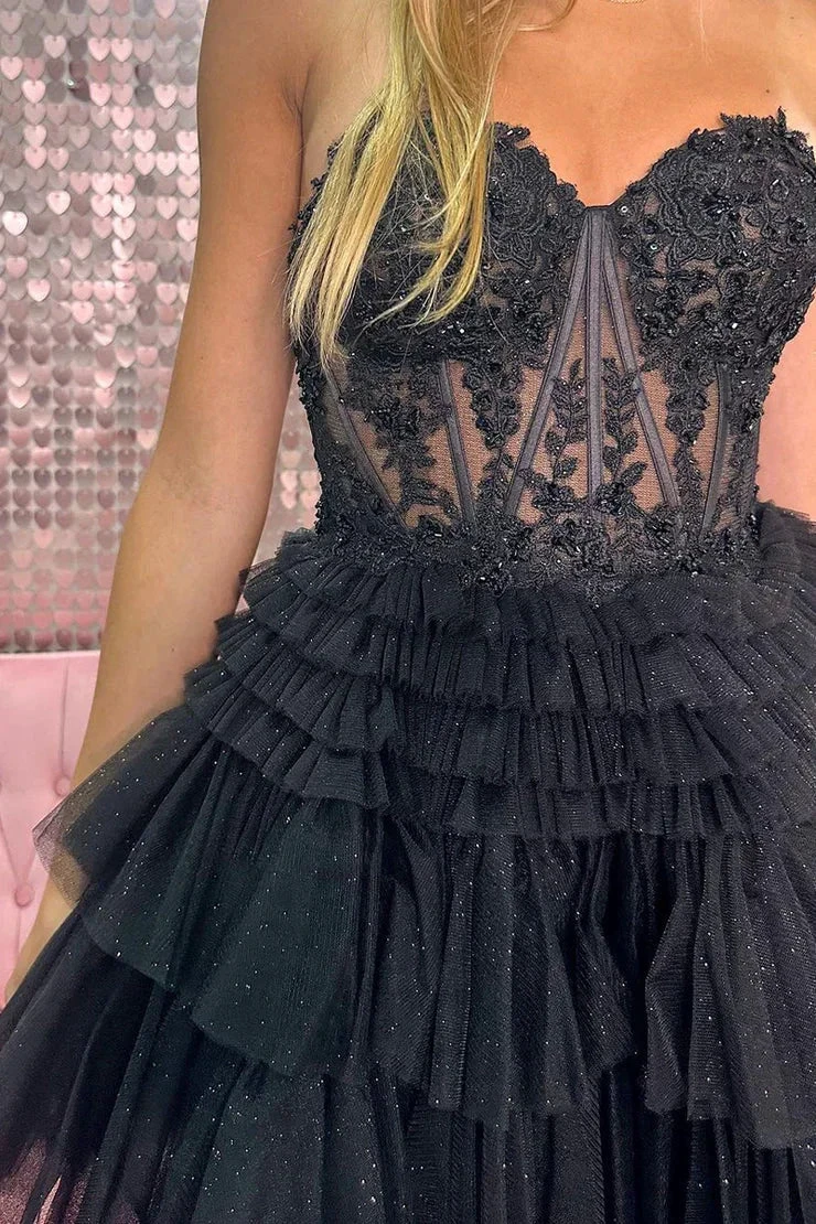 Cute A Line Sweetheart Tulle Black Short Homecoming Dresses with Appliques (ZD11898)