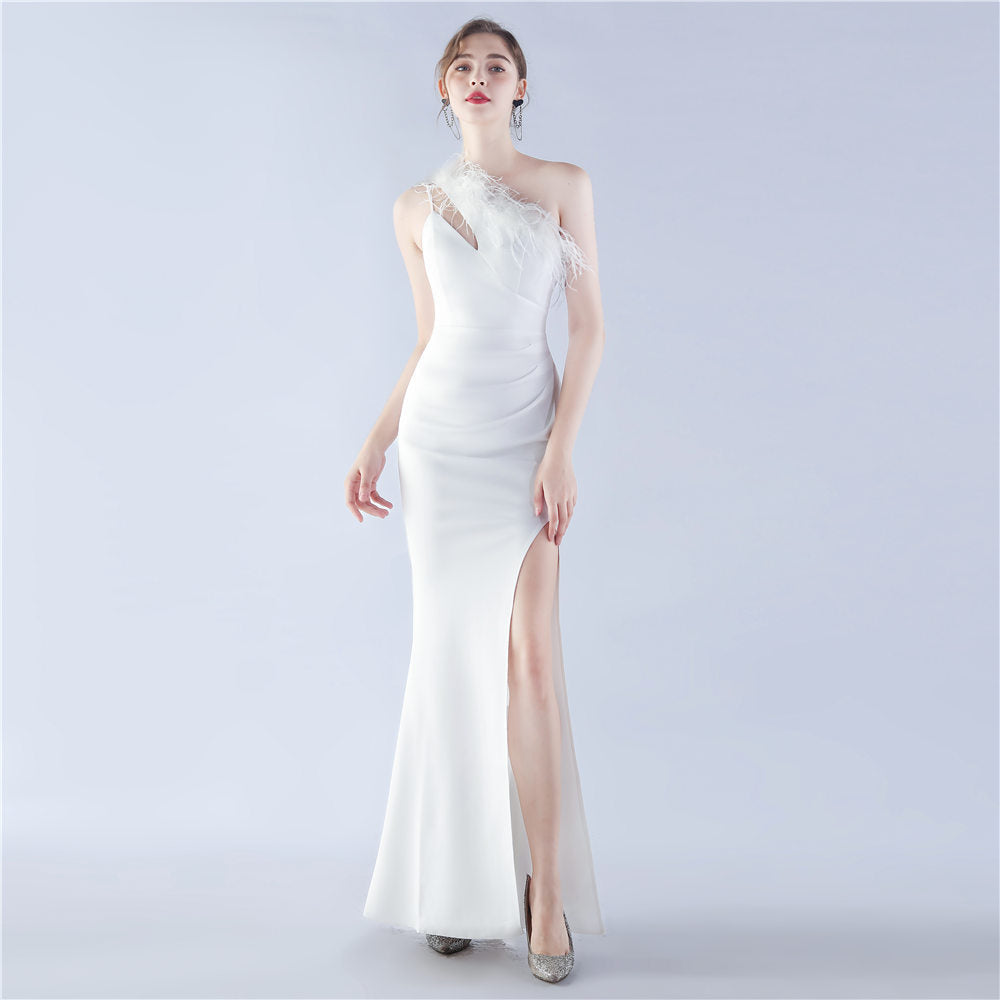 Craft Order Ostrich Feather Cocktail Performance Satin Long Evening Dress - View 2 | VelvetHem