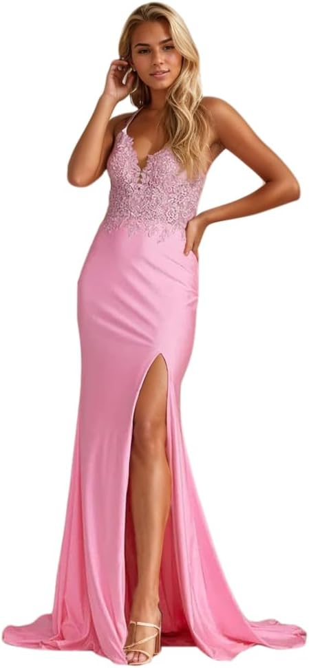 Women's Lace Applique Mermaid Prom Dresses Long with Slit Stretchy Satin V Neck Formal Evening Gown