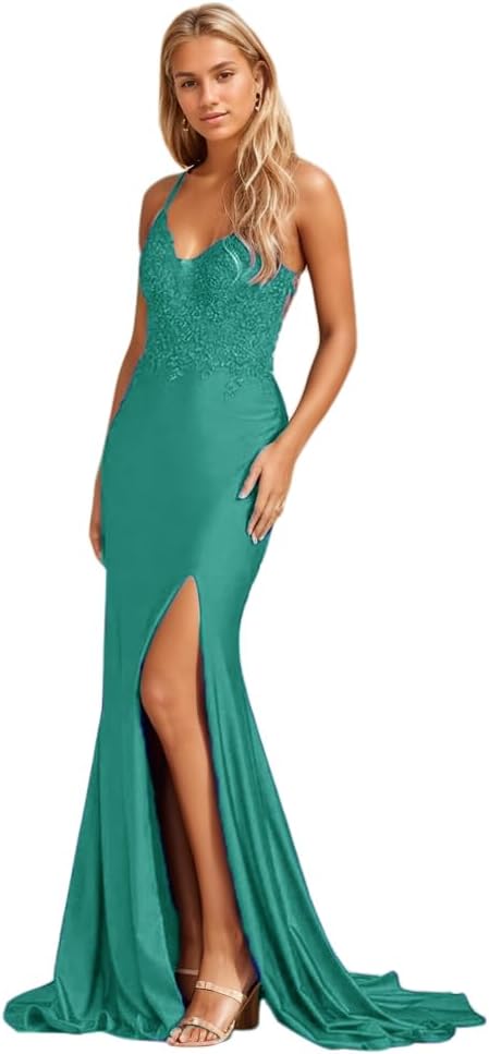 Women's Lace Applique Mermaid Prom Dresses Long with Slit Stretchy Satin V Neck Formal Evening Gown