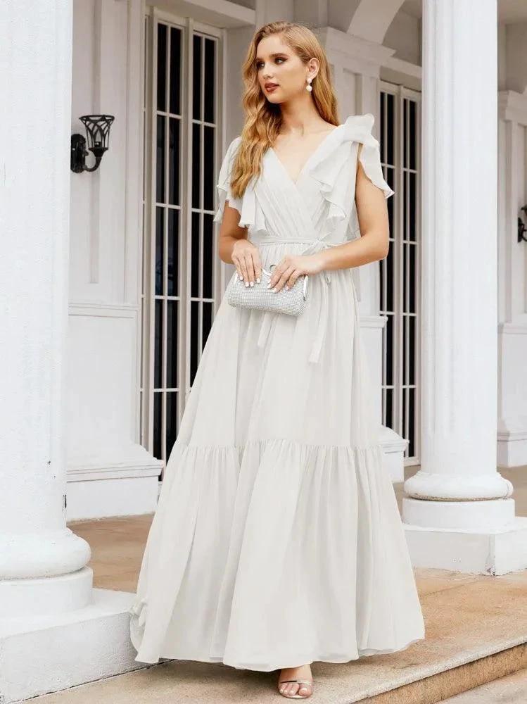 Numbersea Women's Open Back Formal Evening Party Prom Gowns V-Neck Long Chiffon Bridesmaid Dresses with Waist Belt 28038 by numbersea