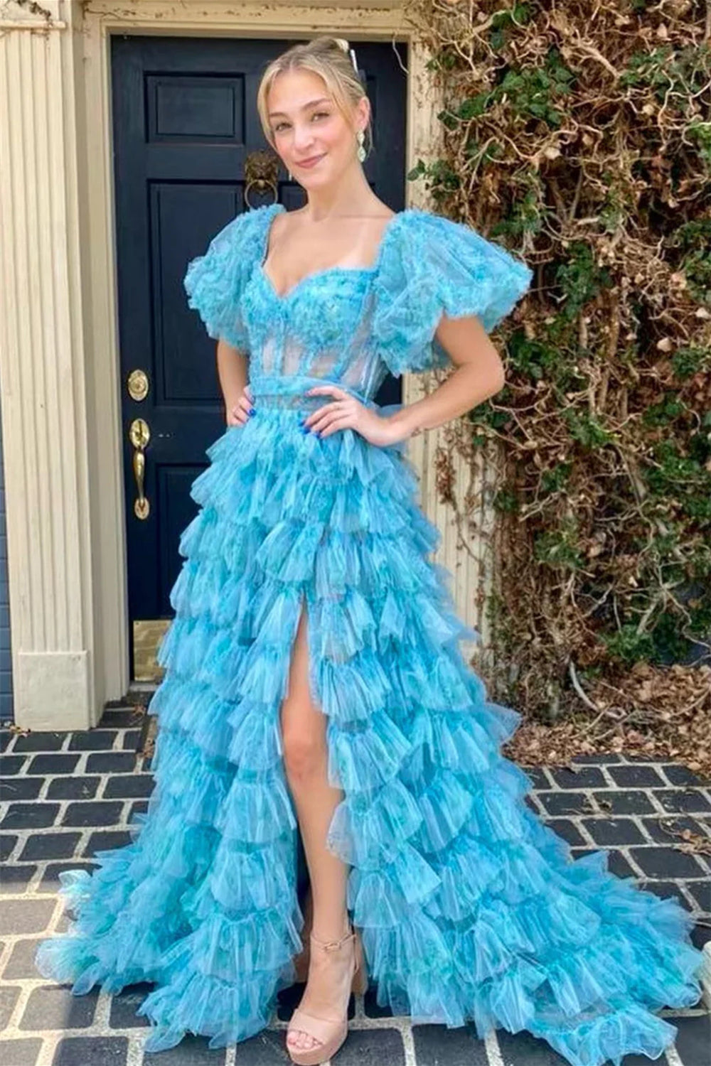 Charming A Line Sweetheart Blue Corset Prom Dress with Short Sleeves - FashionDia