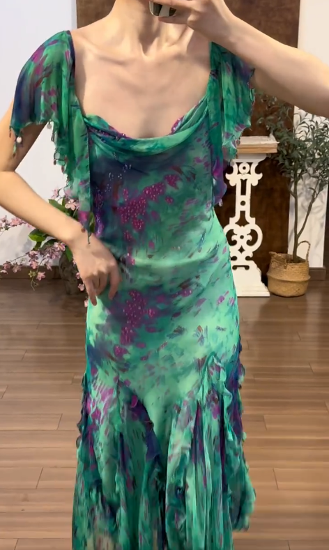 Green Chiffon Vintage Prom Party Dress Evening Dress Birthday Outfit - View 2 | FashionDia