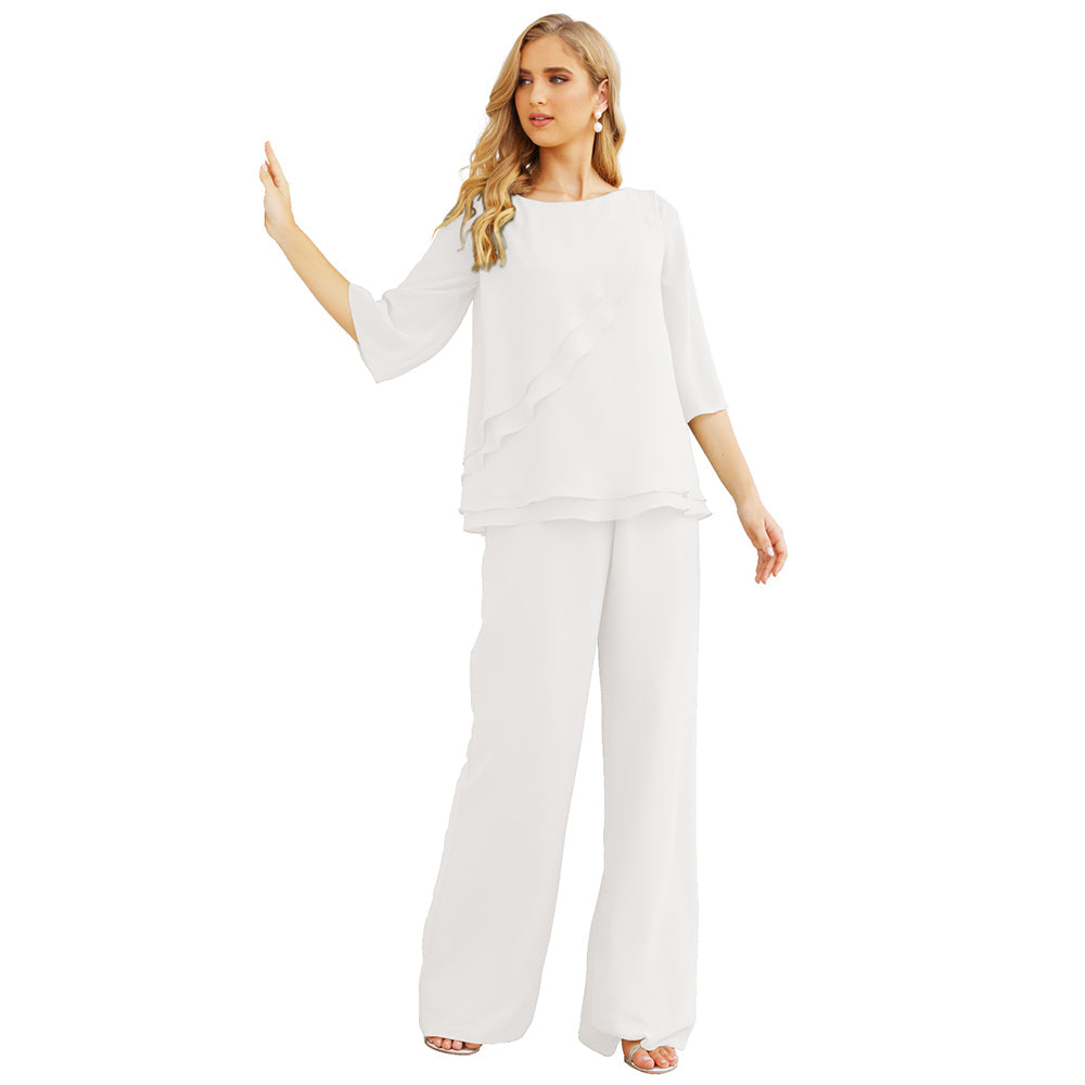 Sunnderly Chiffon Mother of The Bride Dress Plus Size Pant Suits Ruffle Layers