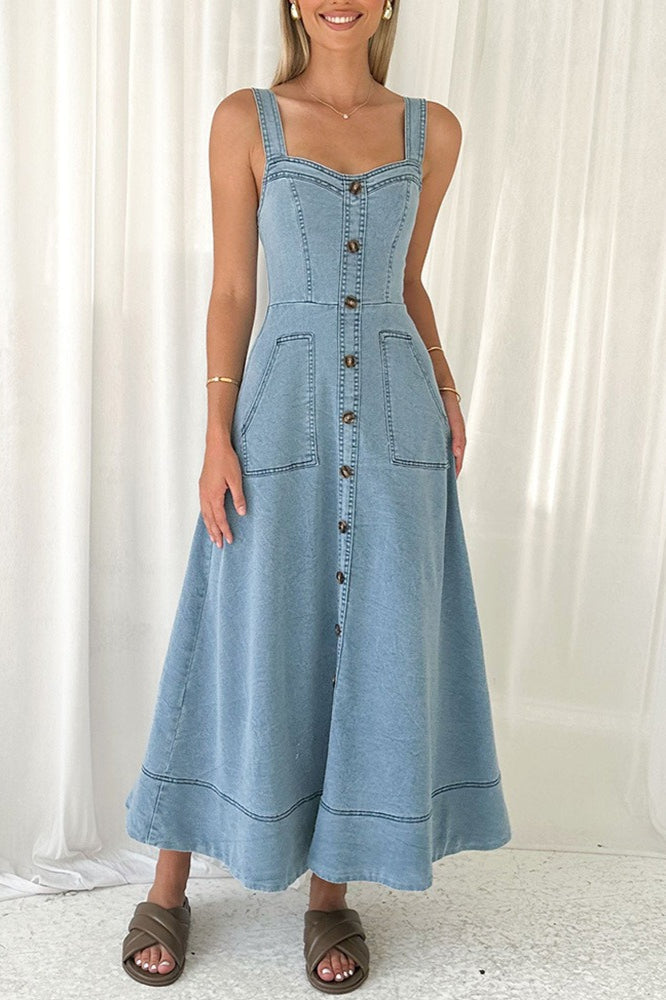 Strappy Backless Maxi Denim Dress - View 3 | VelvetHem