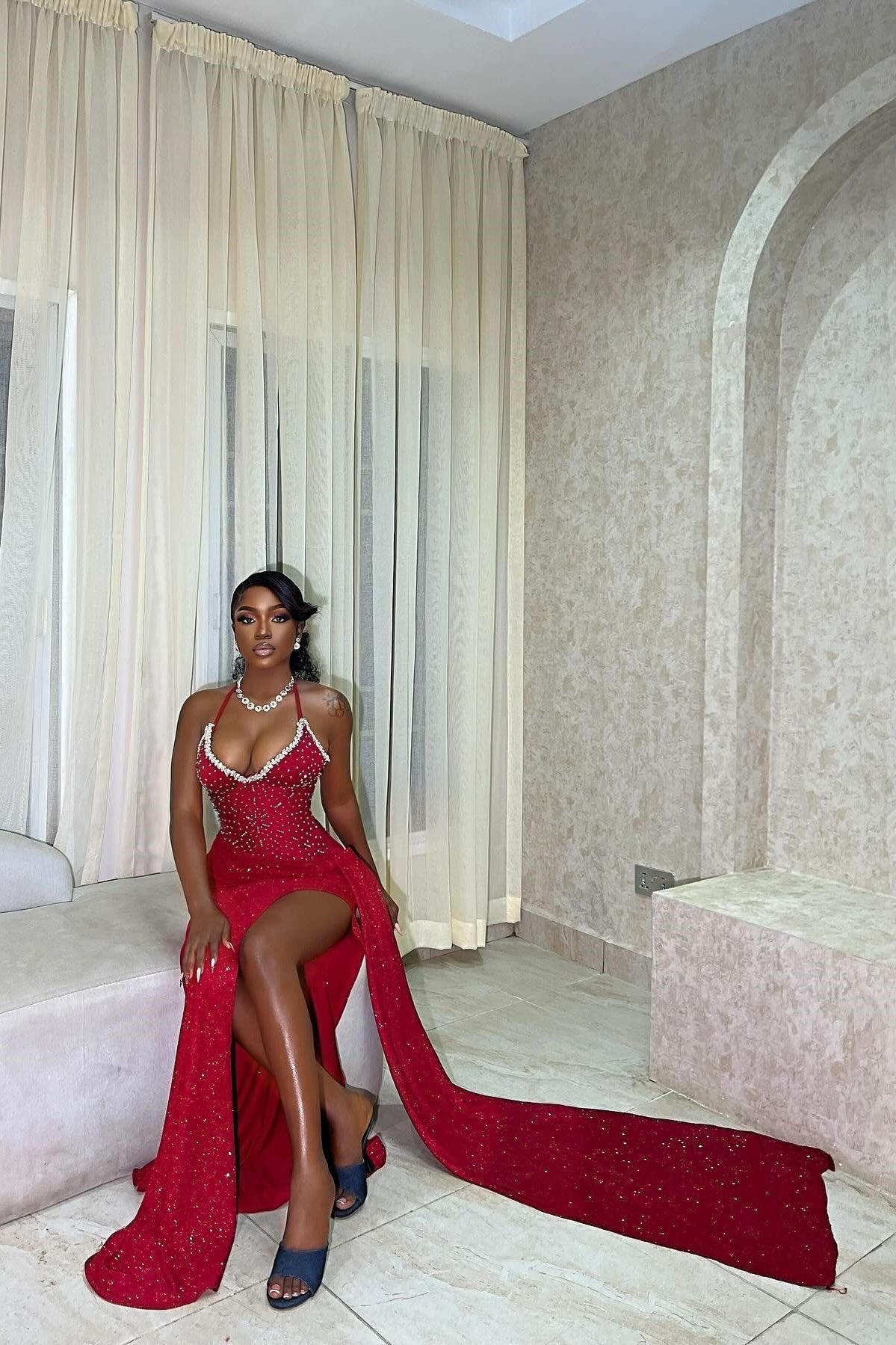 Hot Mermaid Spaghetti Straps Red Long Party Dress with Beading