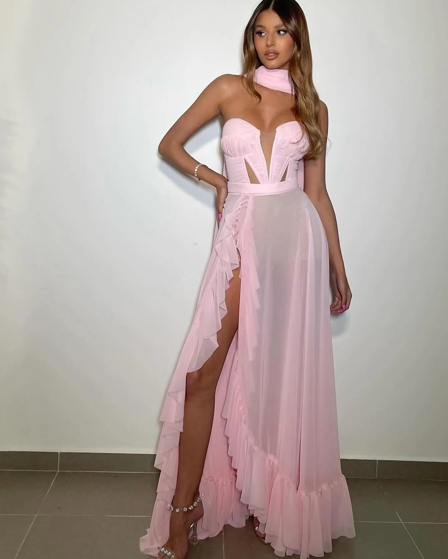 Elegant Pink Mermaid Prom Dress Chiffon Strapless Sleeveless Floor Length High Slit Evening Dress vestido de gala