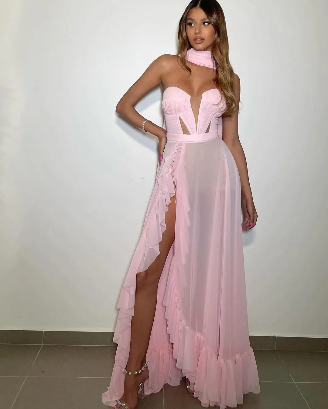 Elegant Pink Mermaid Prom Dress Chiffon Strapless Sleeveless Floor Length High Slit Evening Dress vestido de gala