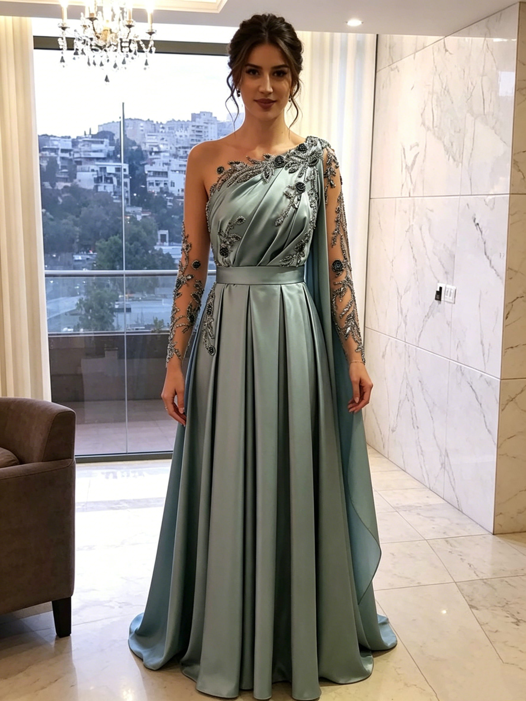 Evening Dresses One Shoulder Full Length Satin A Line Long Sleeves Formal Party Dress Prom Gown       fg6768