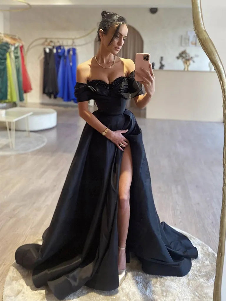 Elegant Black Satin Prom Dress A-Line Off The Shoulder High Slit Floor Length Ruched Evening Dress vestido de gala