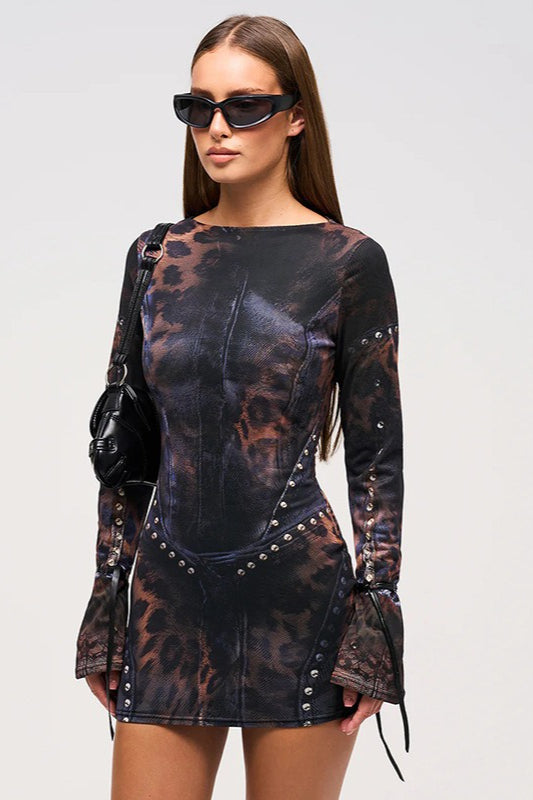 Fitted Crew Neck Printed LongSleeve Bodycon Dress