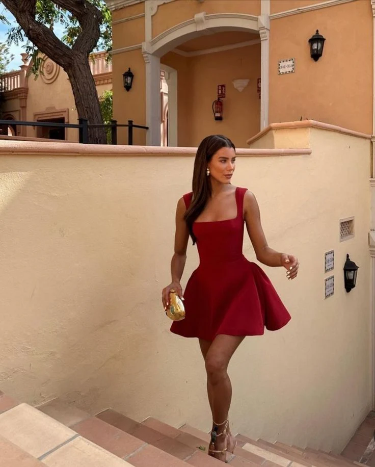 Burgundy Square Neck Mini Dress Homecoming Dress Birthday Dress