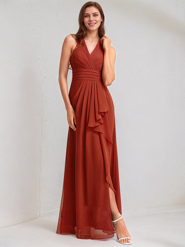 Vermilion Satin A Line V Neck Sleeveless Floor Length Bridesmaid Dress With Ruffle