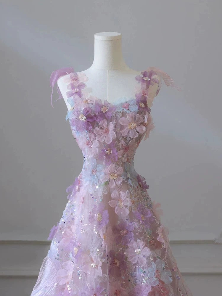 A-Line 3D Floral lace skirt tulle bodice Floor-Length prom dresses - View 2 | FashionDia