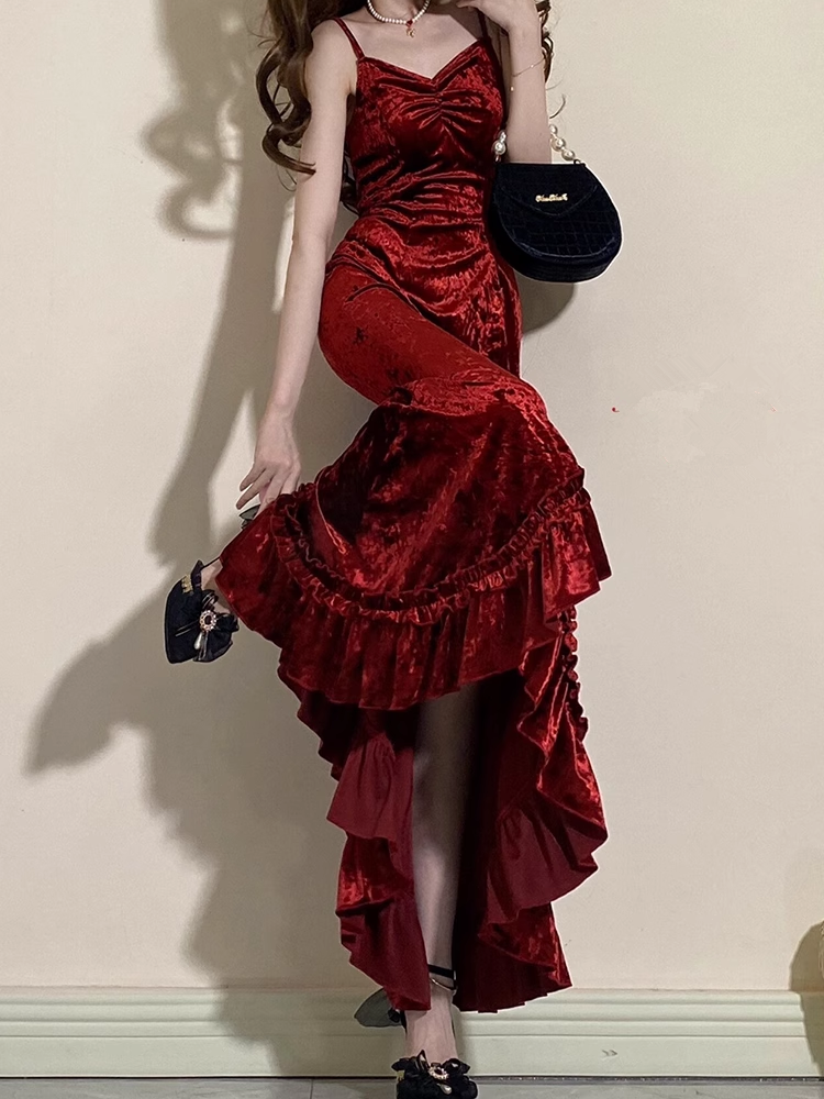 Vintage Mermaid Irregular Ruffled Spaghetti Straps Women's Burgundy Birthday Outfits Party Dresses - View 2 | FashionDia