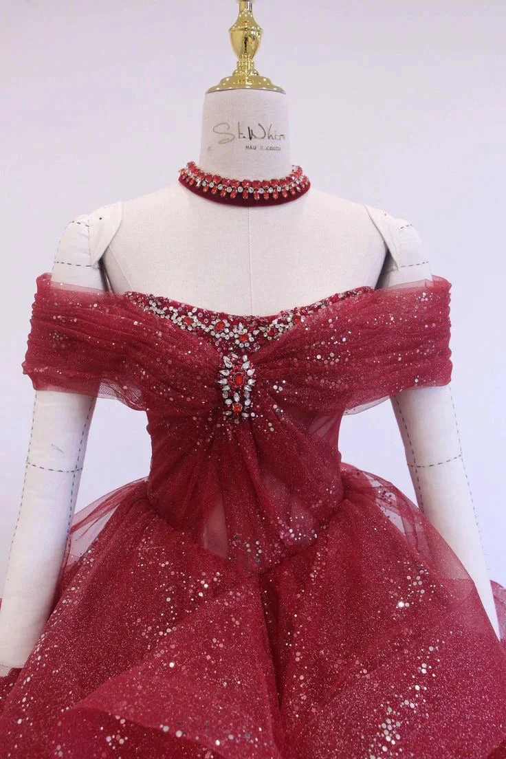 Fairy Off-Shoulder A-Line Red Evening Dress, Sparkling Dress Ball Gown Wedding Dress (ZD13724)