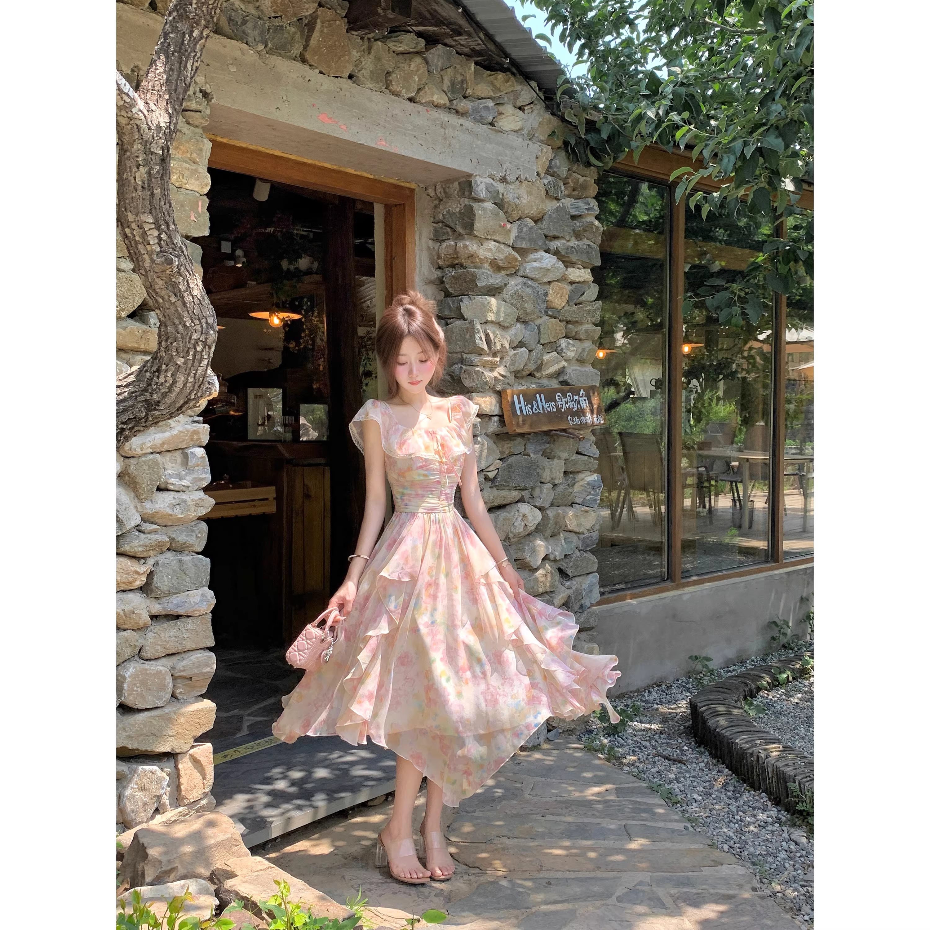 Floral print maxi dress, summer off-shoulder long dress A70