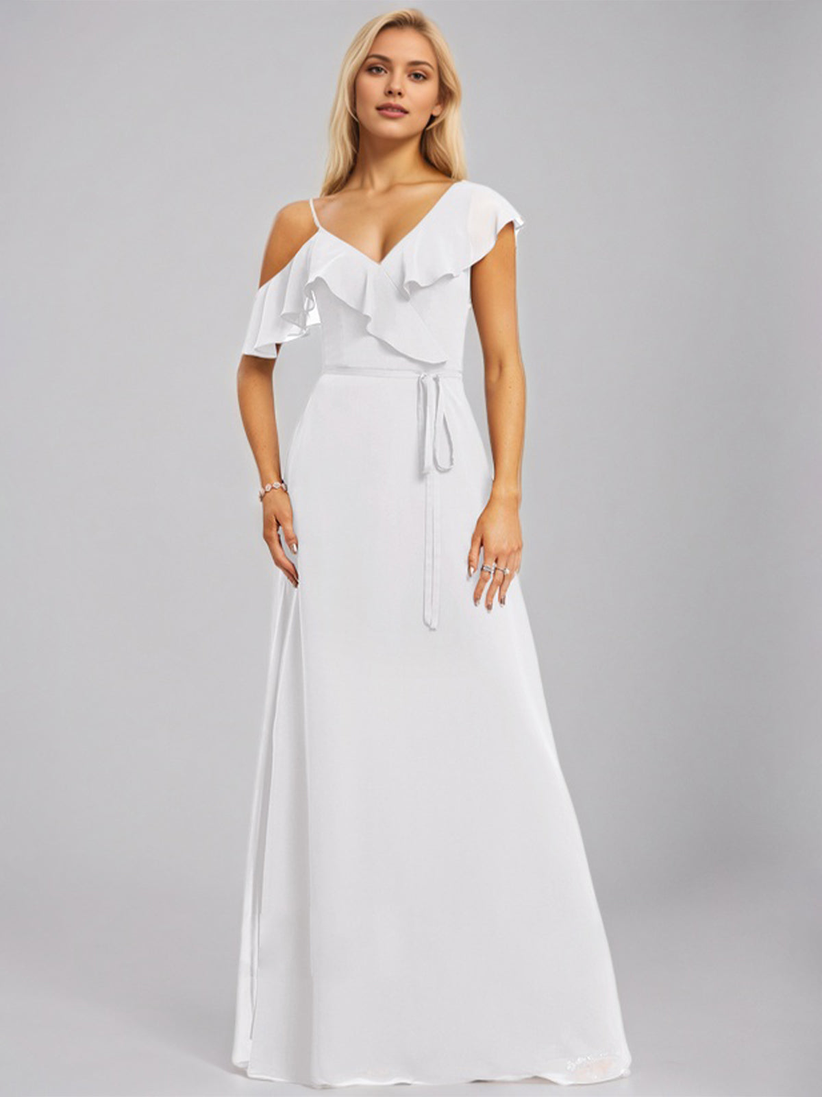 White A-Line Asymmetrical Floor-Length Chiffon Bridesmaid Dress With Ruffle