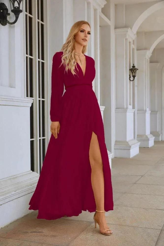 Ladies V Neck Chiffon Long Sleeve Front Slit Bridesmaid Evening Dress Wedding Party Shopping Evening Dress 28109 by numbersea