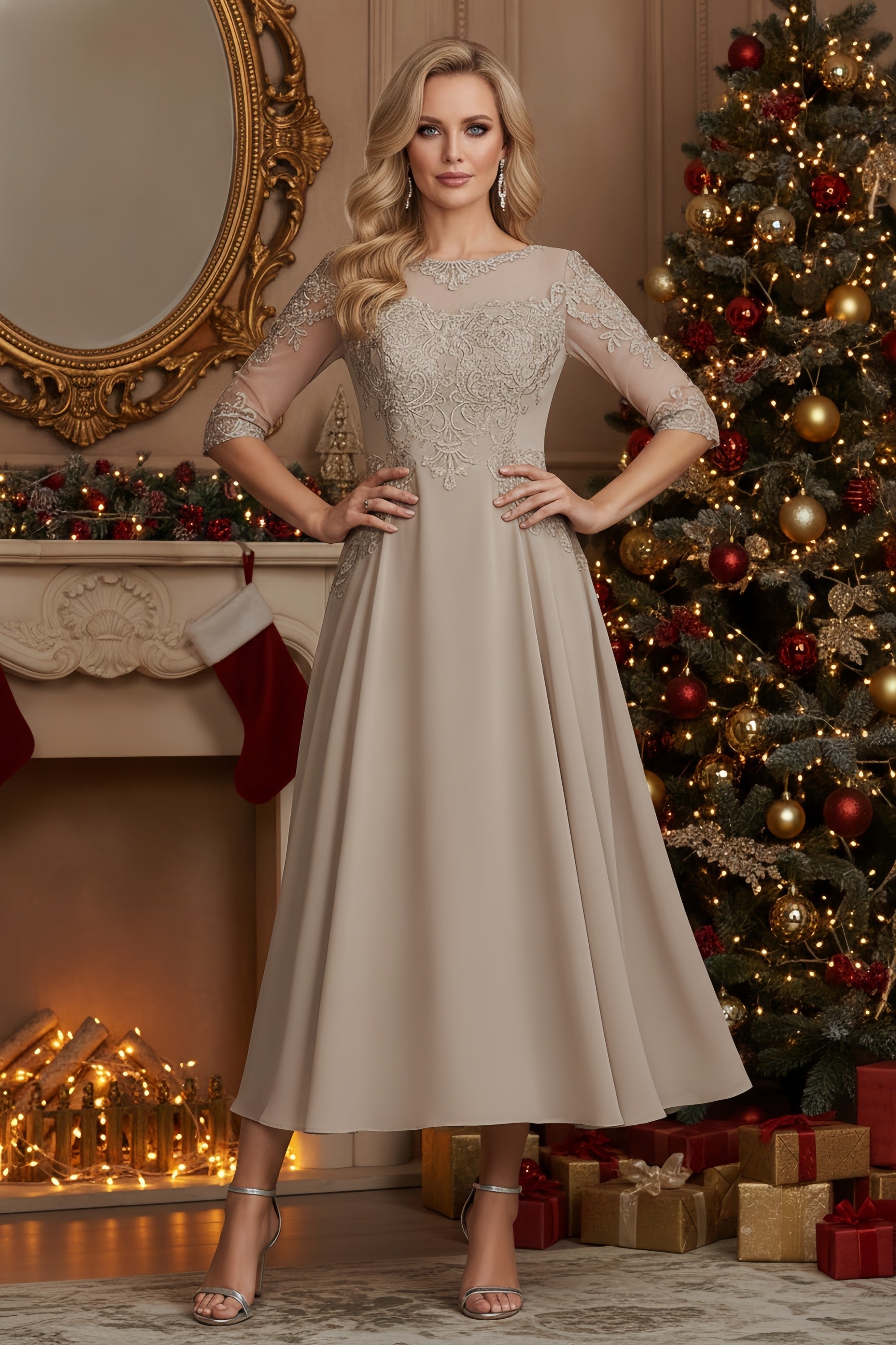 Elegant Lace Illusion Neckline A-Line Midi Formal Dress
