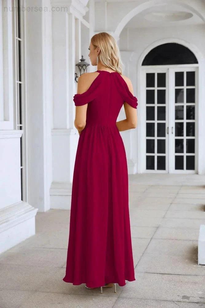 Ladies Chiffon Off Shoulder Swing Sleeve Front Slit Bridesmaid Evening Dress Wedding Party Evening Dress 28117 (ZD17011)