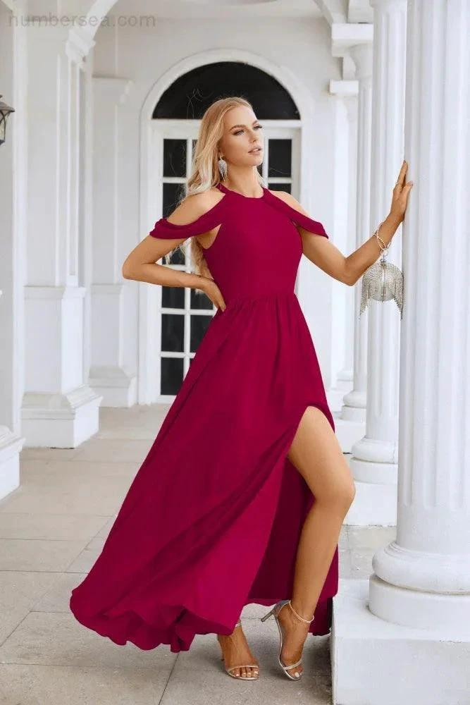 Ladies Chiffon Off Shoulder Swing Sleeve Front Slit Bridesmaid Evening Dress Wedding Party Evening Dress 28117 (ZD17011)