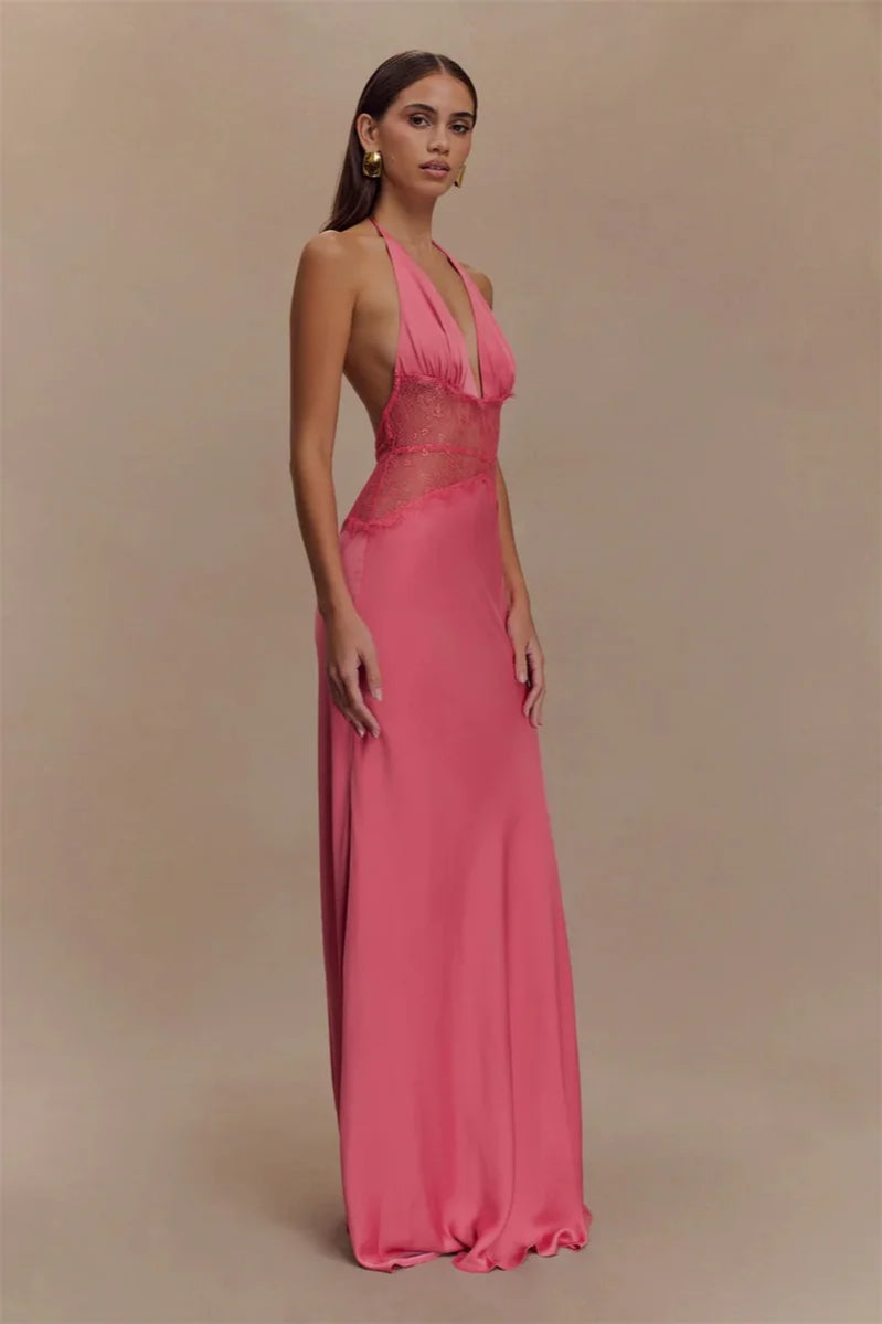 Lace Patchwork Backless Dress with Relaxed Fit and Streetwear Style