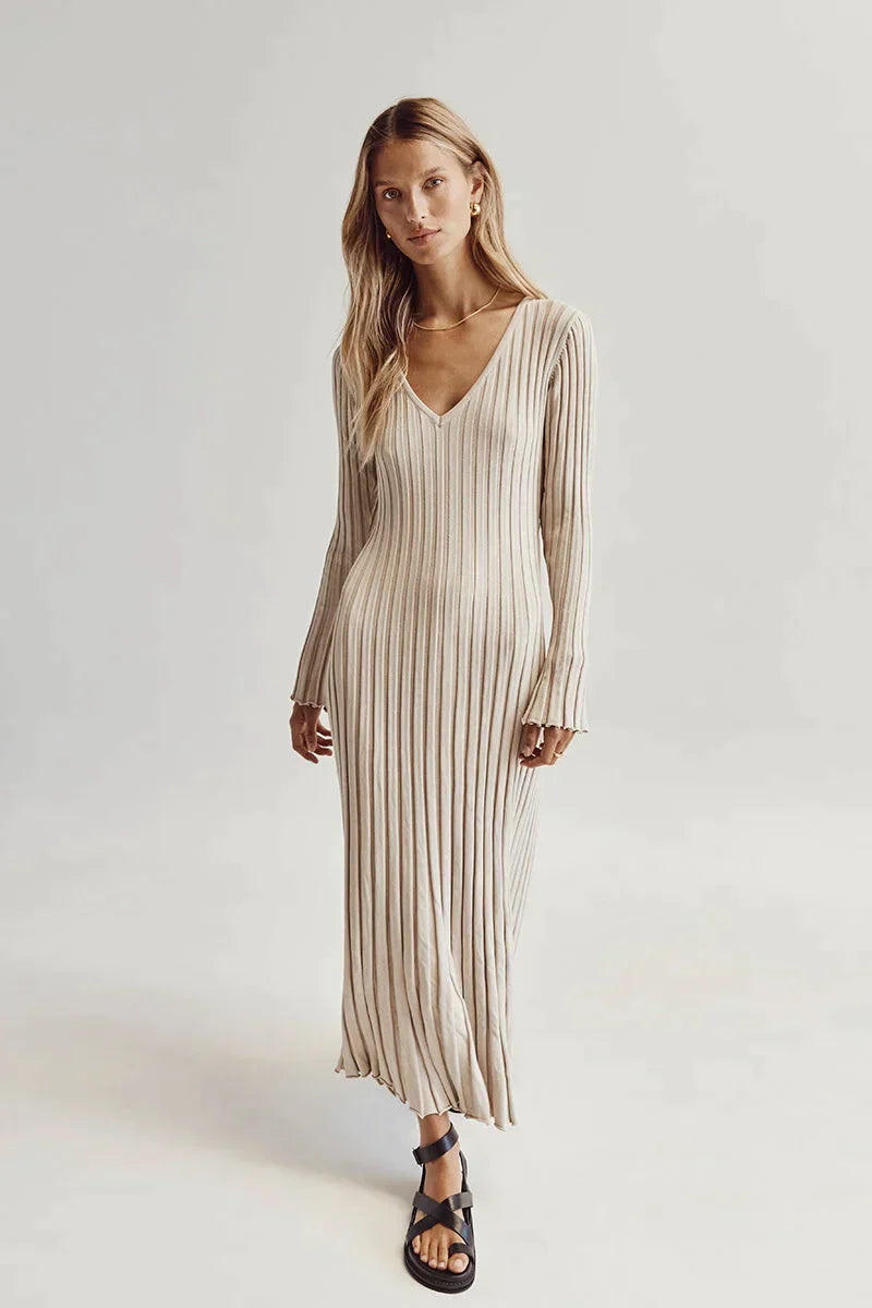 Luisa Elevated Knitted Midi Dress with V Neck and Sleeves Boutique Collection