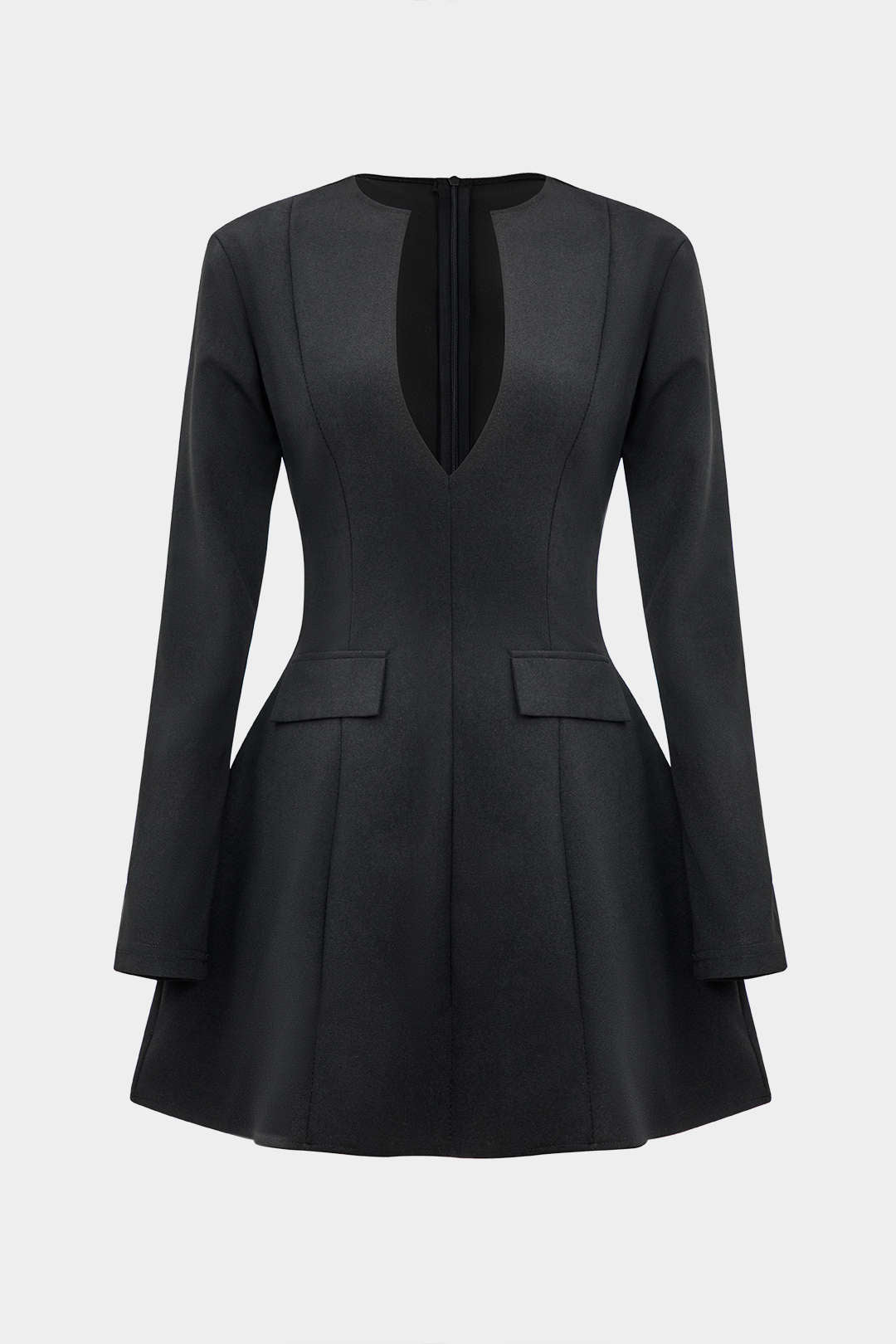 Solid V neck Fake Pockets And Zipper Mini Dress