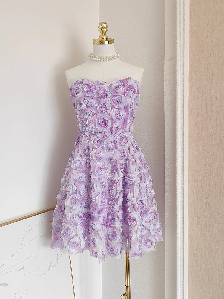 Sexy A-Line Sweetheart Lilac Lace Vacation Dresses Short Floral Birthday Outfits - FashionDia