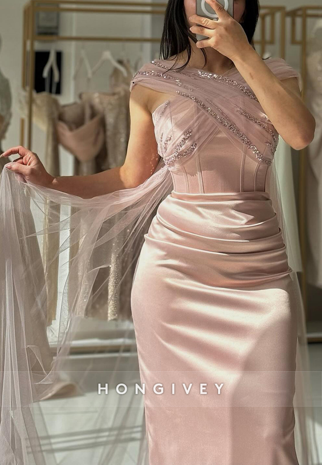 Elegant  Gown Column Floor-Length Asymmetrical Neck Evening Formal Dresses