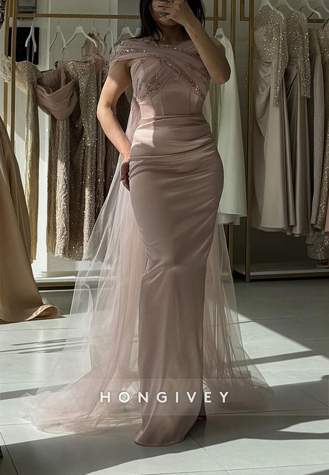 Elegant  Gown Column Floor-Length Asymmetrical Neck Evening Formal Dresses
