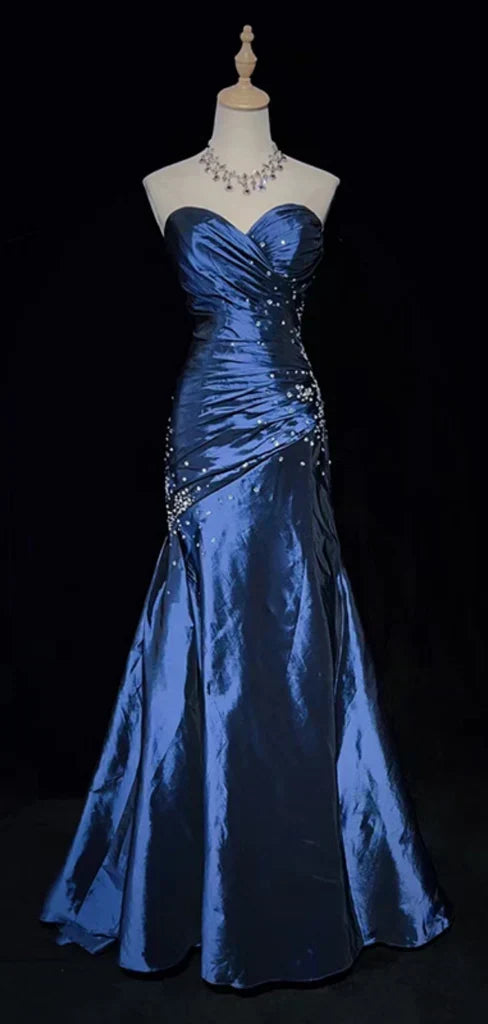 Sexy Sweetheart Blue Mermaid Satin Beaded Long Prom Dress Party Gown
