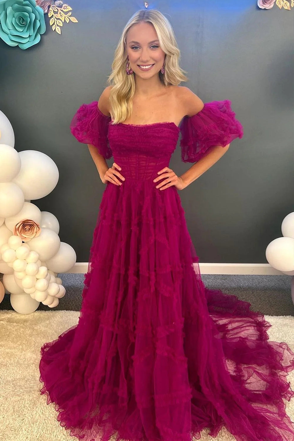 Stunning A Line Strapless Fuchsia Corset Prom Dress with Sweep Train