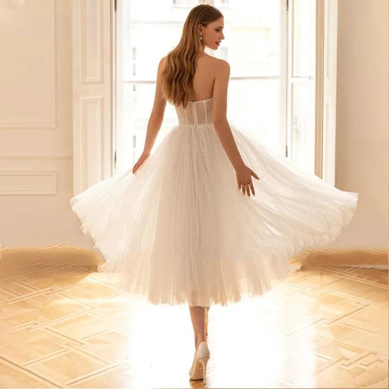 Romantic Strapless Sleeveless A-line Wedding Dress Sexy Backless Short Robe De Soirée Elegant Tulle Bow Bridal Gown (ZD13409)