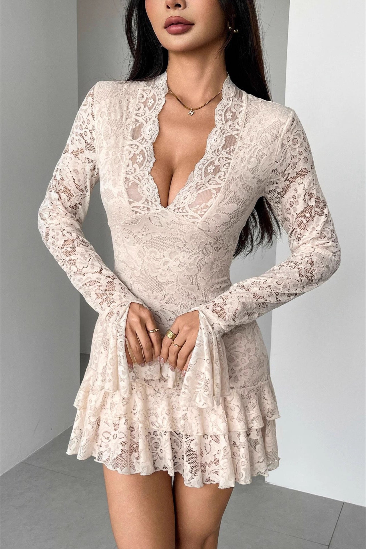 Lace V-Neck Double Ruffle Bodycon Dress