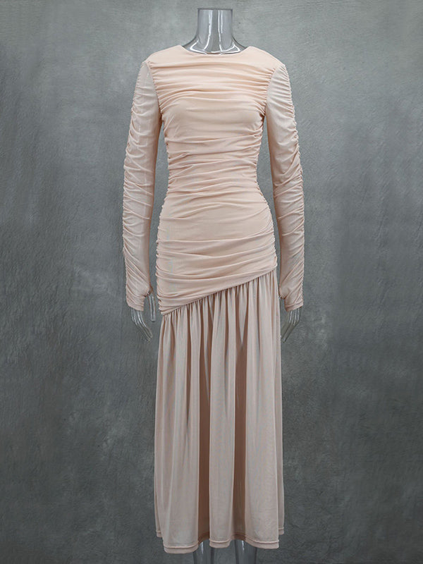 Long Sleeves Skinny Pleated See-Through Solid Color Split-Joint Round-Neck Evening Dresses Maxi Dresses - View 10 | VelvetHem
