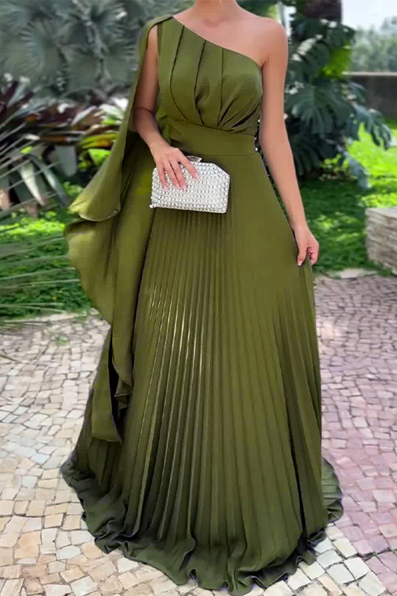 Elegant Solid Fold Stringy Selvedge Pleated Oblique Collar Evening Dresses - View 2 | VelvetHem