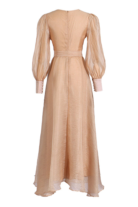 Celebrity Style V Neck Bishop Sleeve Belted Crinkled High Low Evening Dress - View 2 | VelvetHem