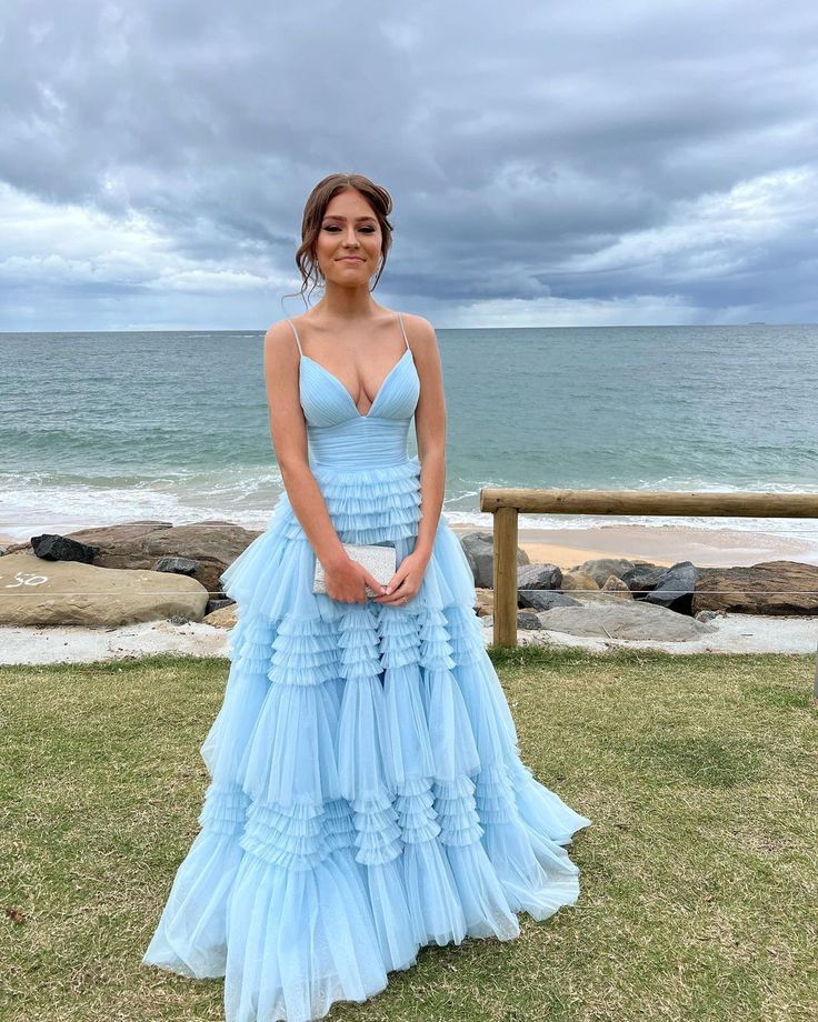 V Neck Layers Tulle Long Ball Gown,A Line Spaghetti Strap Evening Dresses