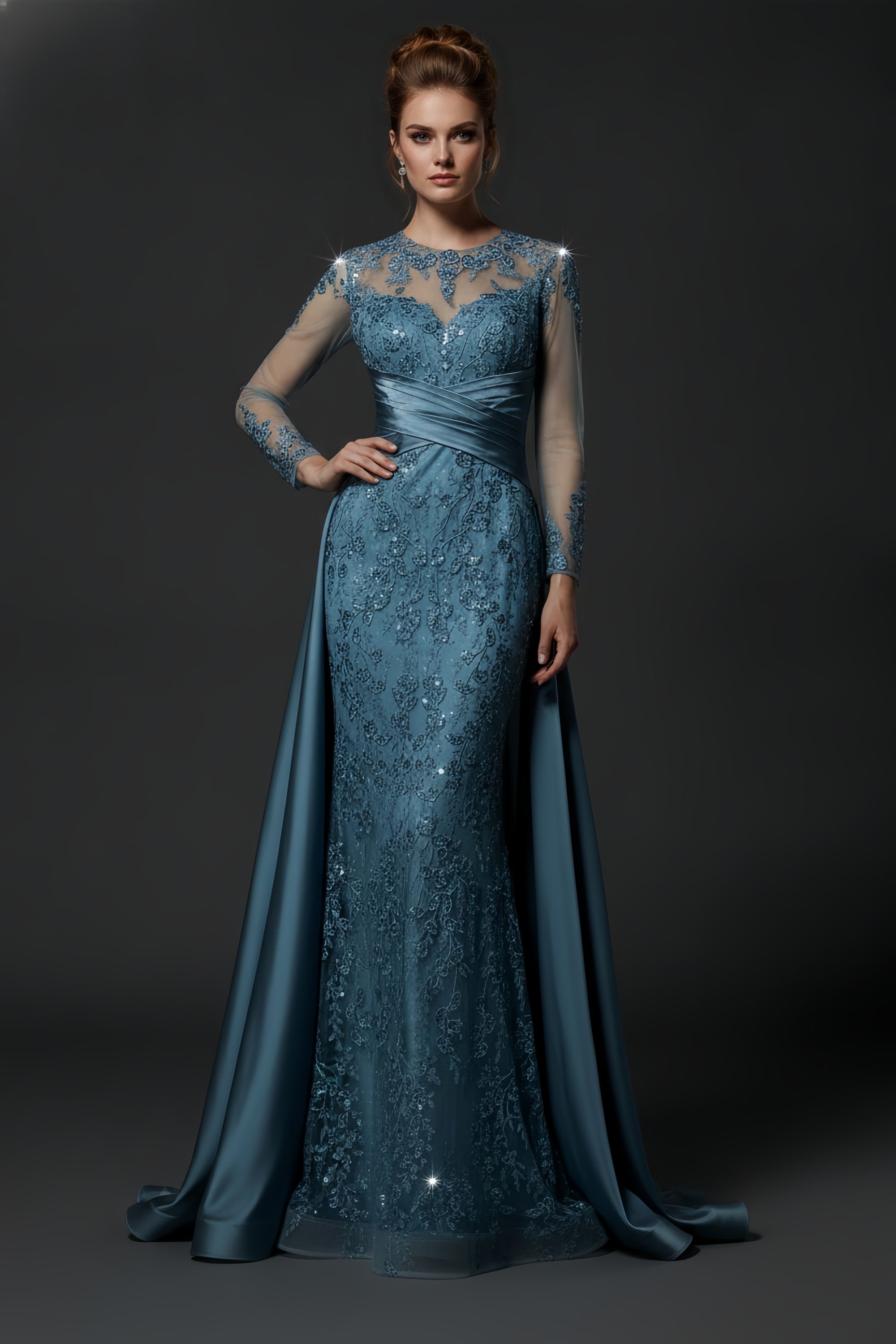 Elegant Lace Illusion Long Sleeve Mermaid Evening Gown with Train