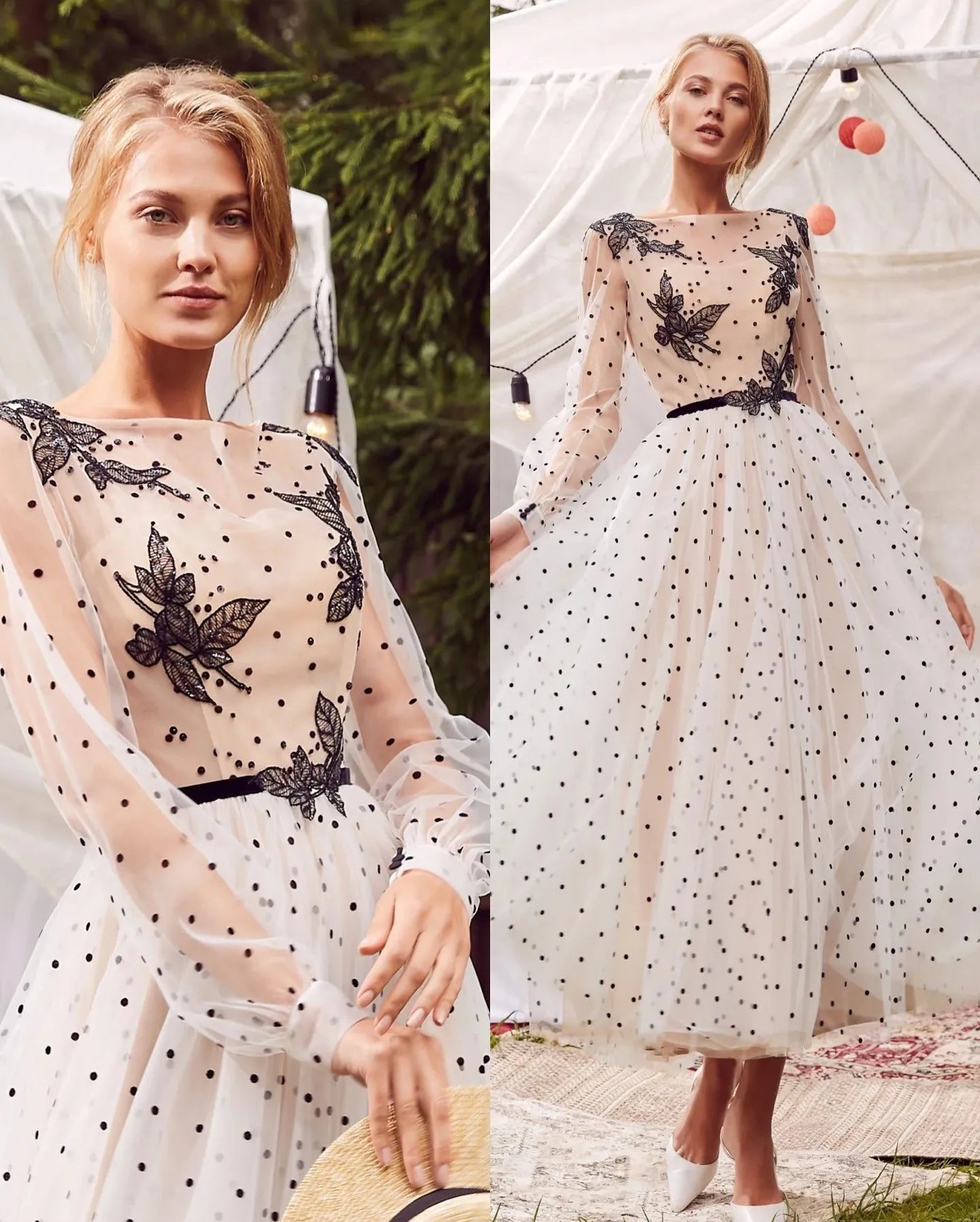 Fashion Dotted Tulle Prom Dress A-Line Ruched Long Sleeves 3D Butterfly Formal Evening Dress Floor Length Party Gowns