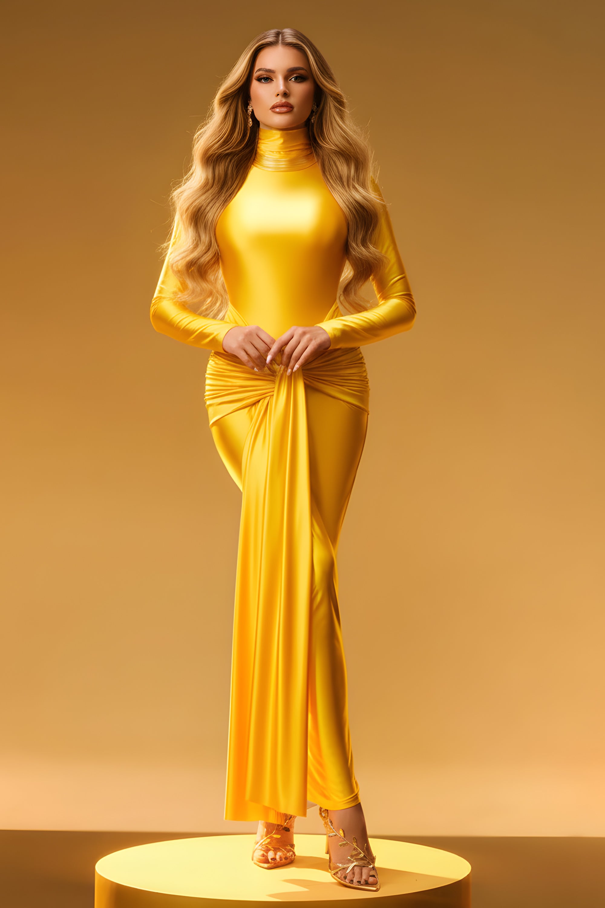 Sleek High-Neck Long Sleeve Draped Floor-Length Evening Gown