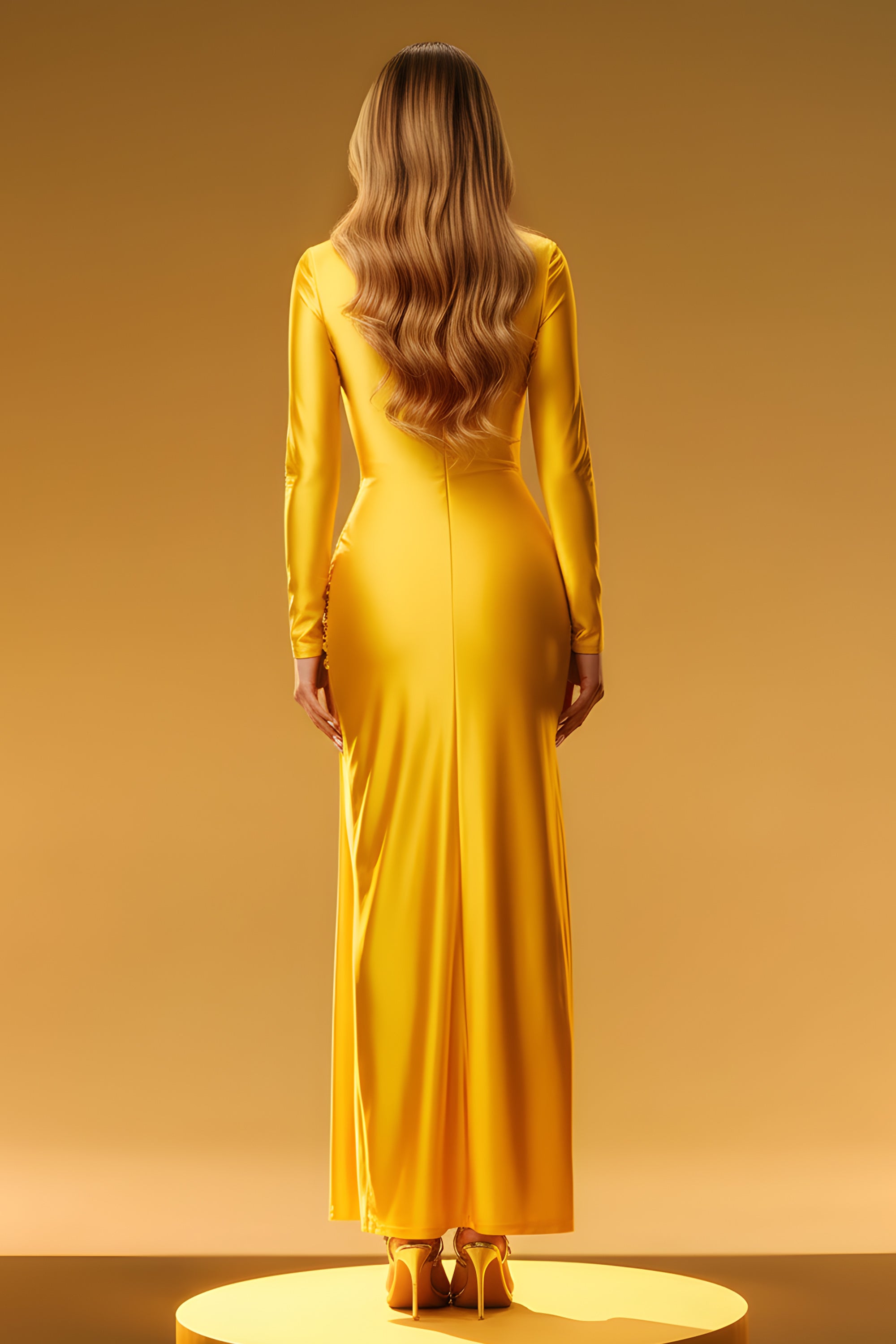 Sleek High-Neck Long Sleeve Draped Floor-Length Evening Gown