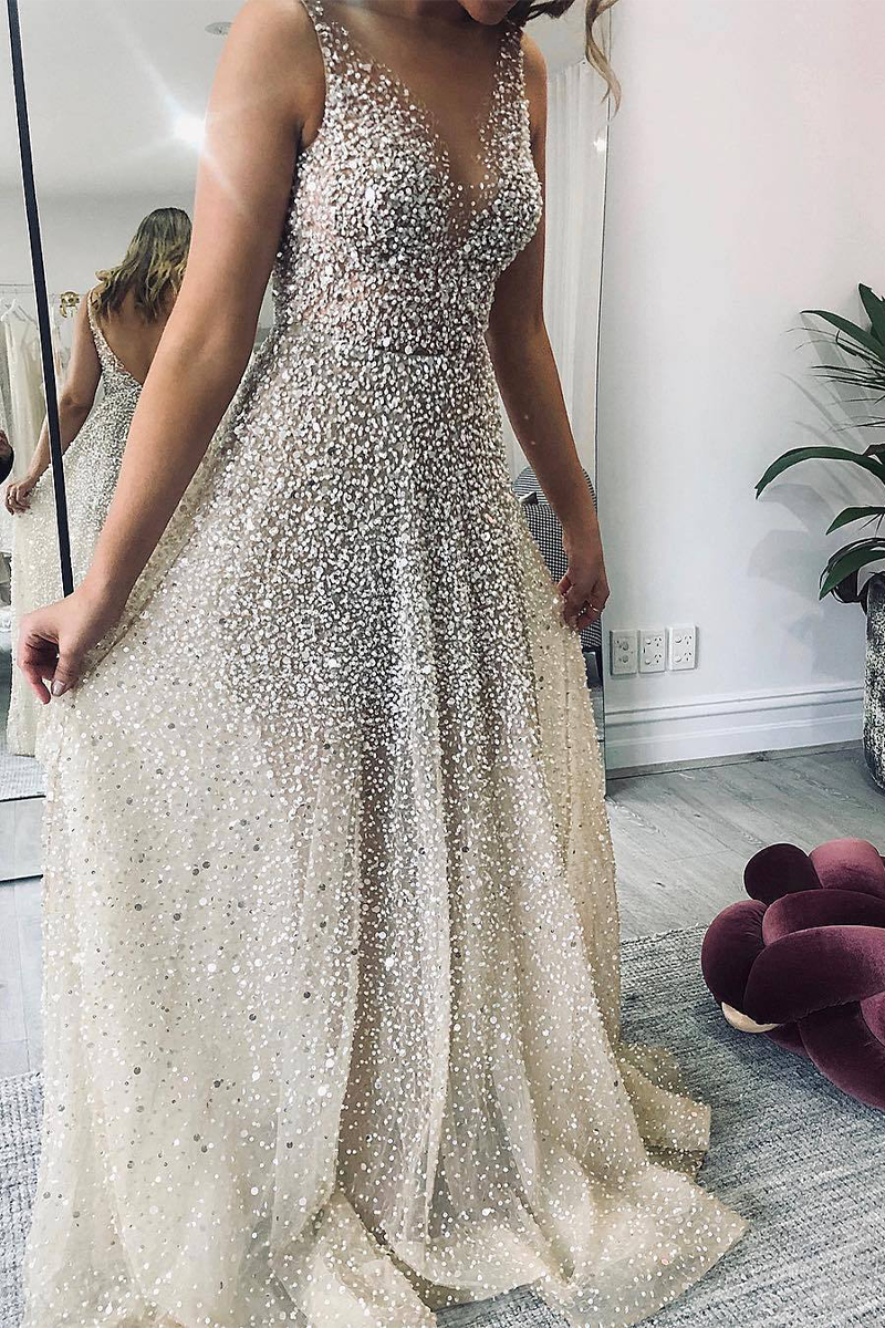 Sexy Gradient Sequined V Neck Evening Dresses - View 4 | VelvetHem