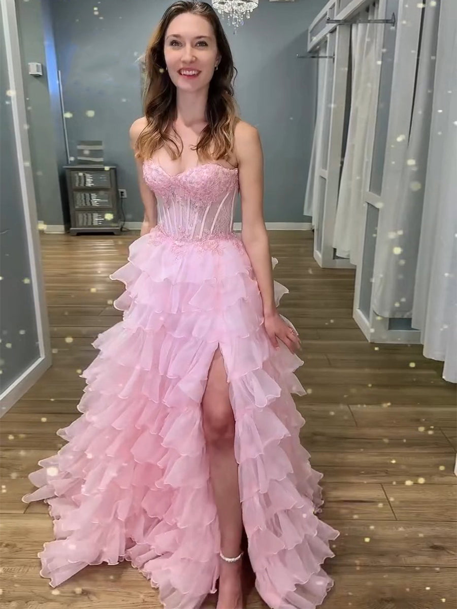 Pink Strapless Tiered Ruffles Lace Appliqués Corset Prom Dress with Slit