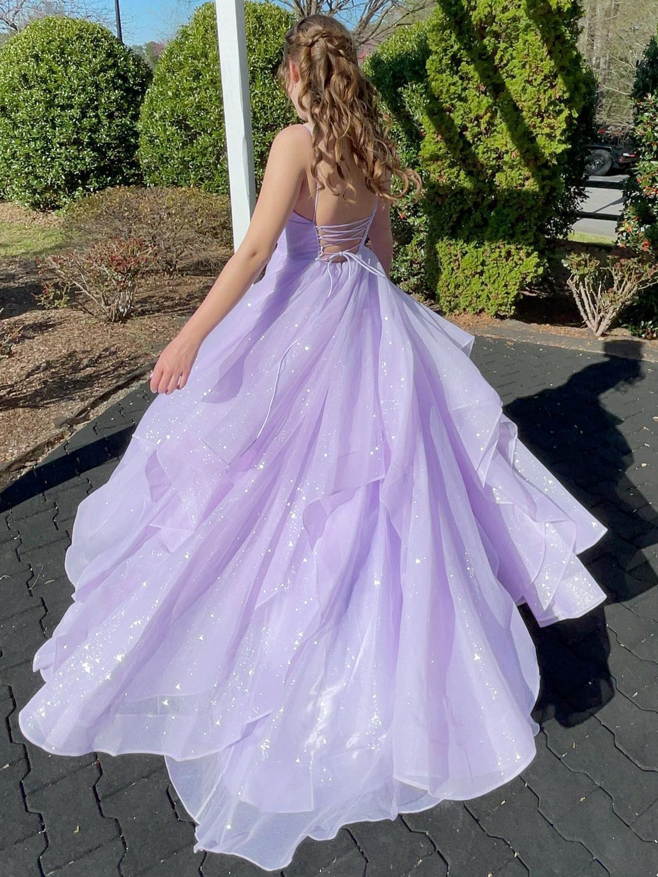 A Line Ruffles Tulle Spaghetti Straps Long Prom Dress - Fashionpara