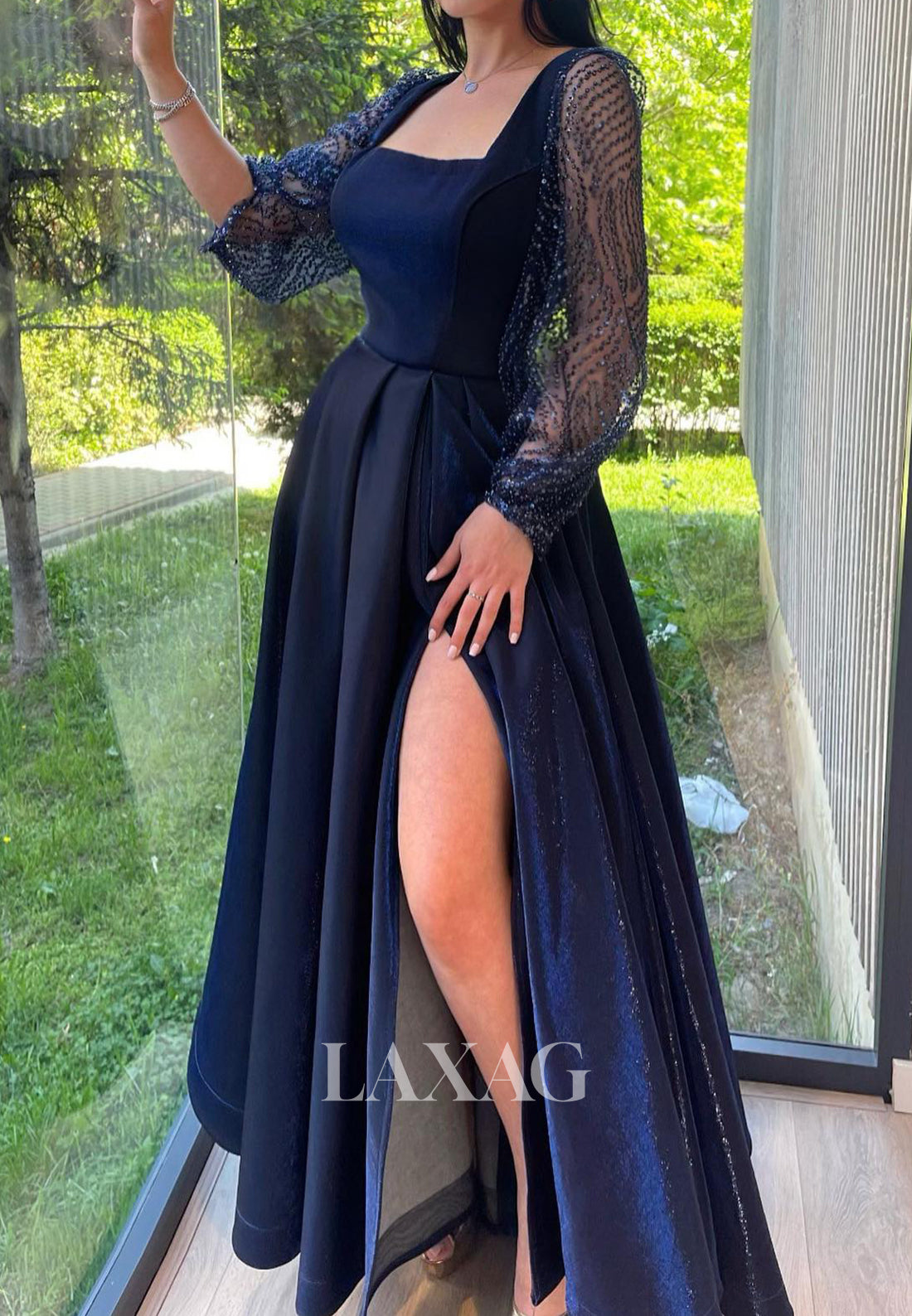 Square-Neck Long-Sleeves A-Line Prom Dress Glitter-Lace Sequined Pleated Floor-Length Party Gowns