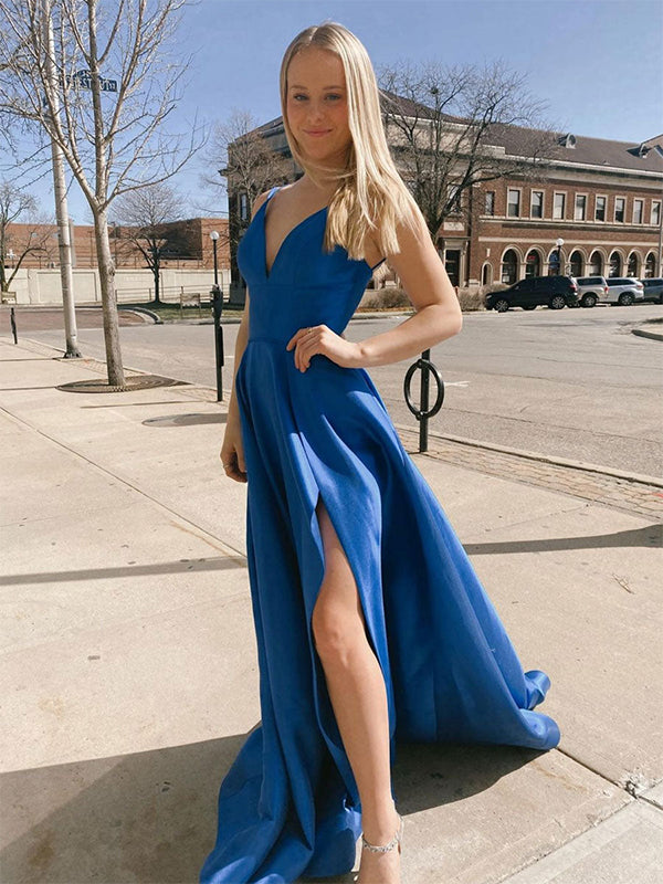 Blue A-Line V-Neck Spaghetti Straps Long Prom Dress with Slit - FashionDia