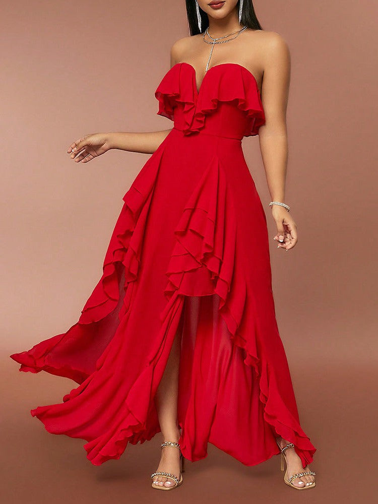 Red Ruffle Tube Top V neck Flounce Backless Evening Dress - View 3 | VelvetHem